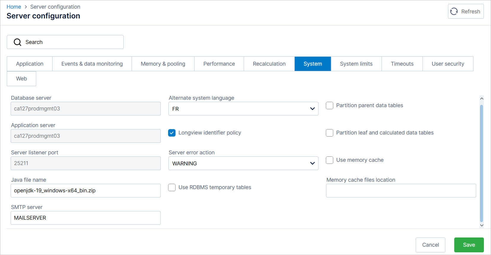 Parameters on the System tab