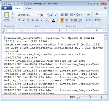 Log file open in a text editor