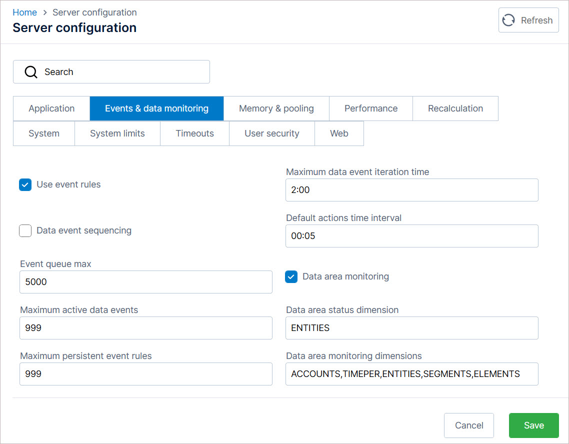 Parameters on the Events & data monitoring tab