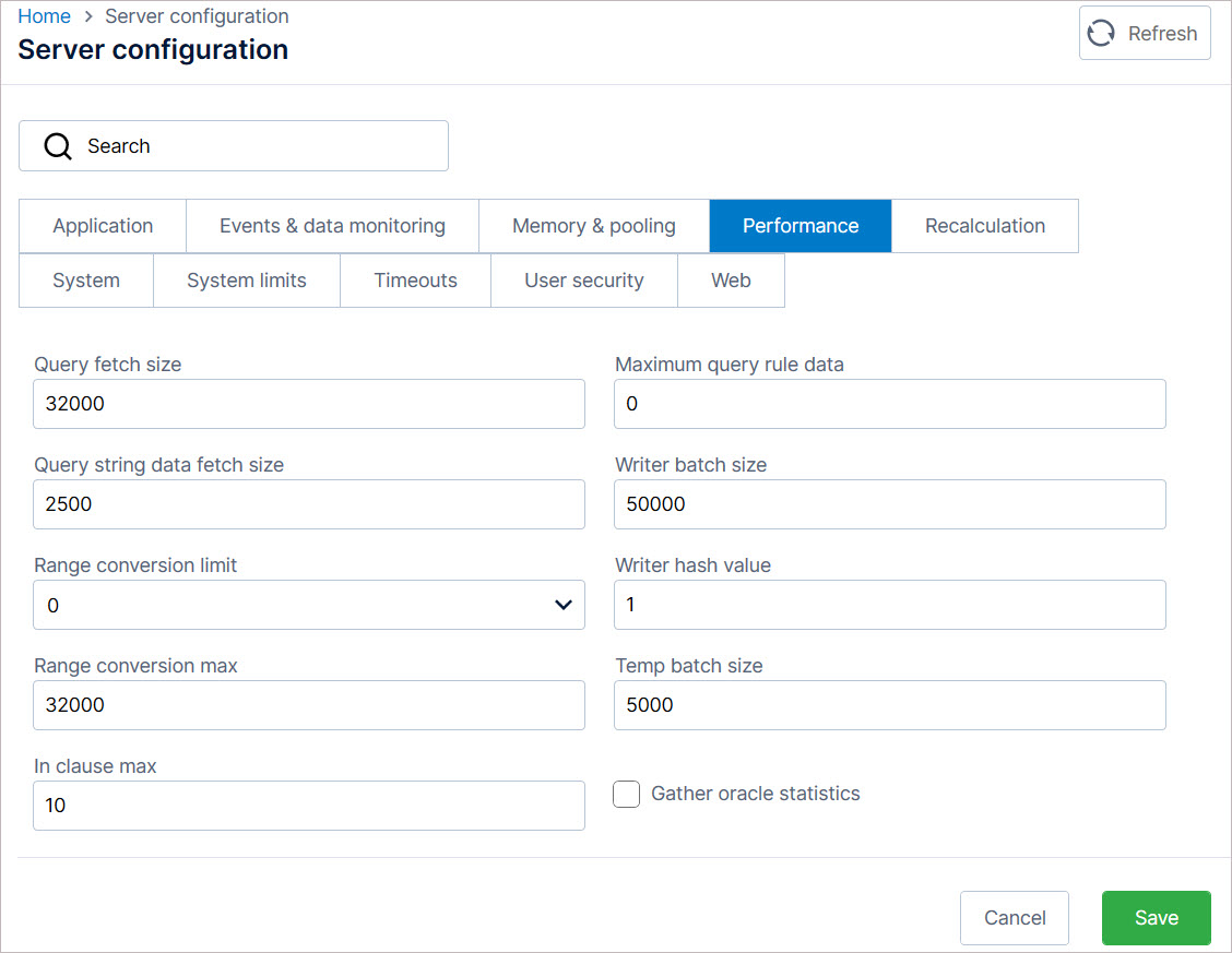 Parameters on the Performance tab