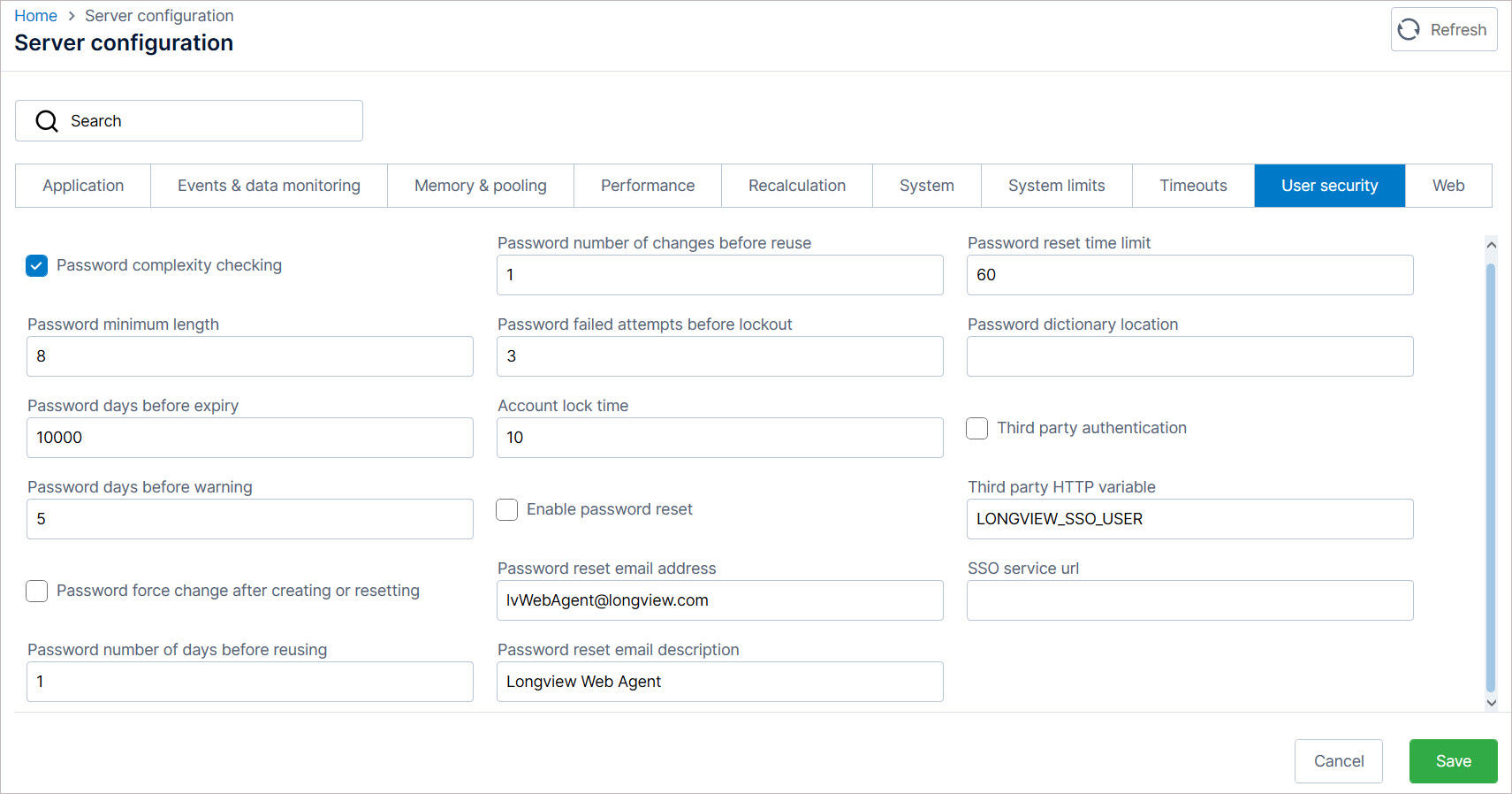 Parameters on the User security tab
